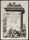1785. Real Compañía de Filipinas. 250 pesos de a 15 reales de vellón. Acción número 25281. Con firmas manuscritas de ambos directores, del contador y ...
