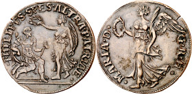 Antiguos Países Bajos. s/d (hacia 1556). Felipe II. Tesorería desconocida. Marcha de María de Hungría y entronización de Felipe II. Jetón. (Dugniolle ...