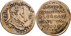 Antiguos Países Bajos. 1559. Felipe II. Dordrecht. Tesorería desconocida. Tratado de Cateau-Cambrésis entre España y Francia. Jetón. (Dugniolle 2188) ...