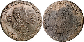 Antiguos Países Bajos. 1563. Felipe II. Brujas. Tesorería desconocida. Felipe II e Isabel de Valois. Jetón. (Dugniolle 2352) (Mitchiner 2369). Cobre. ...