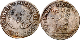 Antiguos Países Bajos. 1571. Felipe II. Tesorería desconocida. Felipe II y Ana de Austria. Jetón. (Dugniolle 2538) (Mitchiner 2390-2391) (Van Loon I p...