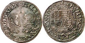 Antiguos Países Bajos. 1571. Felipe II. Cámara de Cuentas de Holanda. Felipe II y Ana de Austria. Jetón. (Dugniolle 2554) (Mitchiner 2389). Ex Jean El...