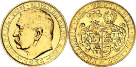 PERSONEN. HINDENBURG, Paul v. *1847 +1934. Goldmedaille 1928 (v.J. Bernhart) Kopf n.l./ Behelmtes Wappen . 18 KAR., 22,7mm 6,52g. Schl.54.
