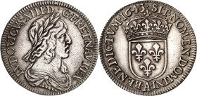 FRANKREICH. Louis XIII. 1610-1643. Quart (1/4) Ecu 1643 A Paris. Belorb. Brb. n.r. / Gekr. Wappen; oben Punkt. Dup. 1351, Gad. 48. .