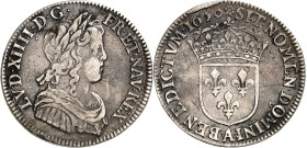 FRANKREICH. Louis XIV. 1643-1715. 1/4 Ecu à la mèche longue 1650 A, Paris. Belorb. geharn. Brb. n.r. / Gekr. Lilienwappe. Dup. 1471, Gad. 140. .