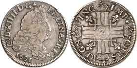 FRANKREICH. Louis XIV. 1643-1715. 1/4 Ecu aux 8 L 1691 N Montpellier. Drapierte Büste n.r. / 8 gekrönte L ins Kreuz gestellt. Gad. 150. .