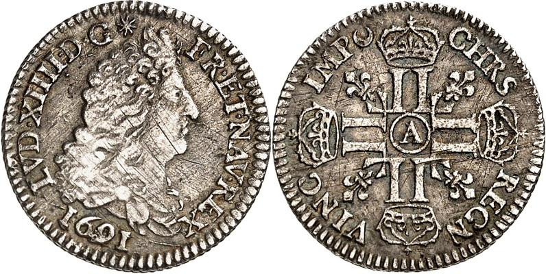 FRANKREICH. 
Louis XIV. 1643-1715. 1/12 Ecu aux 8 L 1691 A Paris. Büste n.r. / ...
