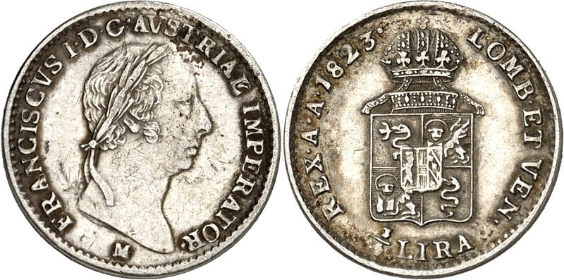 ITALIEN. 
MAILAND. 
Franz II. 1792-1797, 1799-1800. 1/2 Lira 1823 M Mailand. J...