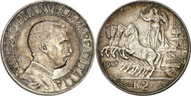ITALIEN. KÖNIGREICH  ITALIEN. Vittorio Emanuele III. 1900-1946. 2 Lire 1908 Ag. KM&nbsp; 46. .