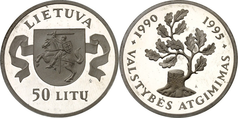 LITAUEN (LITHUANIA). 
Zweite Republik. 
50 Litu 1995 Ag, 5 Jahre Republik. KM&...