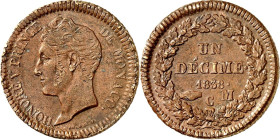 MONACO. Honoré V. 1819-1841. Br- Un Décime 1838. KM&nbsp; 97.1, Gad.&nbsp; MC 105. 33,5 mm Rand goldfarben.