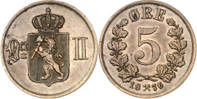 NORWEGEN. Oscar II. 1872-1905. Cu- 5 Öre 1876. K/M. 349. .