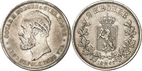 NORWEGEN. Oscar II. 1872-1905. 2 Kroner 1902 Kopf n.l. / Gekr. Wappen. K/M. 359. .