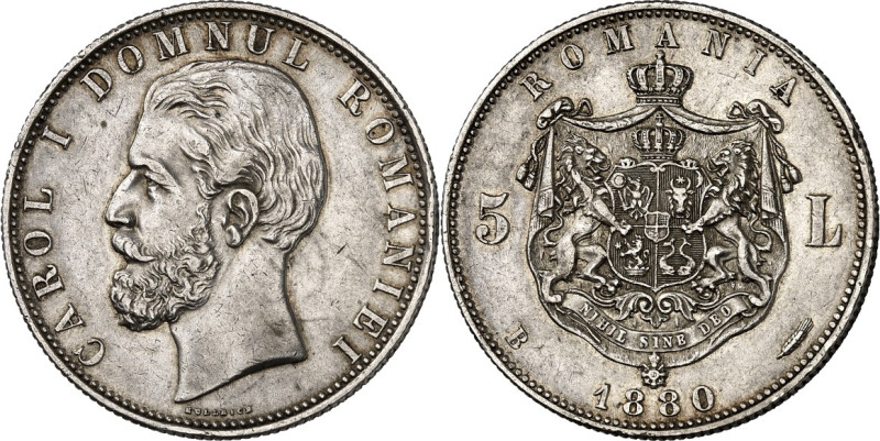 RUMÄNIEN. 
Königreich. 
Carol I. 1866-1914. 5 Lei 1880. KM&nbsp; 12. . 

l.R...