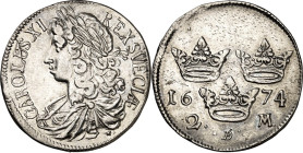 SCHWEDEN. KÖNIGREICH. Karl XI. 1660-1697. 2 Mark 1674 Belorb. Büste n.l. / 3 Kronen. AAH&nbsp; 127a. .