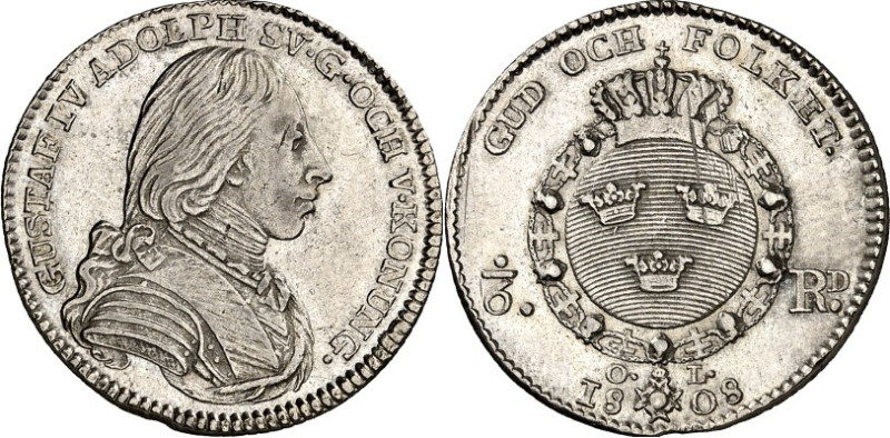 SCHWEDEN. 
KÖNIGREICH. 
Gustav IV. Adolf 1792-1809. 1/6 Riksdaler 1808 Brb. n....