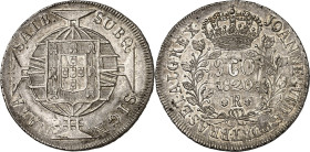 BRASILIEN. Portugiesisch. Joao VI. 1818-1822. 960 Reis 1820 Rio de Janeiro. Krone über Wert, Jahr u.&nbsp;Mzz. im Lorbeerkranz / Wappen auf Globus auf...