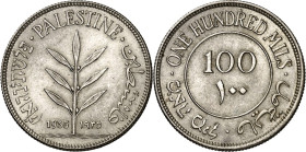 PALÄSTINA (Israel + Jordanien). 100 Mils 1935 Ag. KM&nbsp; 7. .