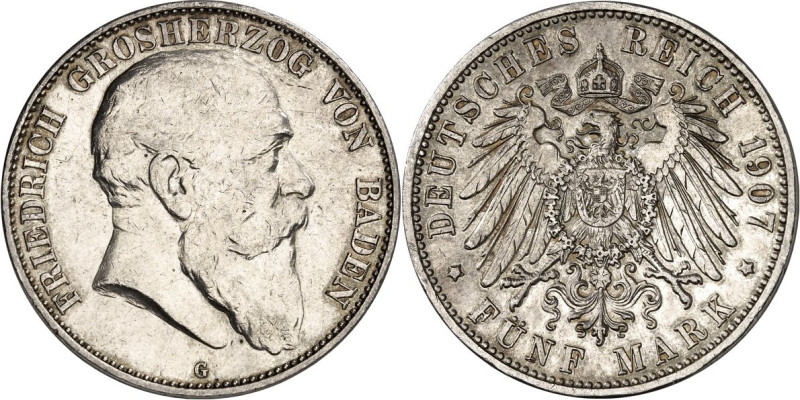 KAISERREICH. 
BADEN, Großherzogtum. 
5 Mark 1907 Friedrich I. J. 33. . 

ss
