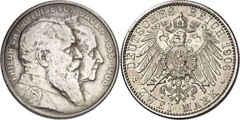 KAISERREICH. 
BADEN, Großherzogtum. 
2 Mark 1906 Goldhochzeit. J. 34. . 

ss...