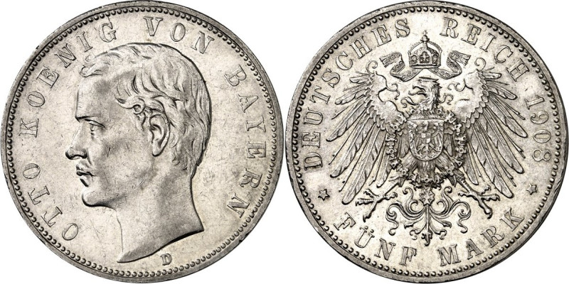 KAISERREICH. 
BAYERN, Königreich. 
5 Mark 1908 Otto. J. 46. . 

ss/vz