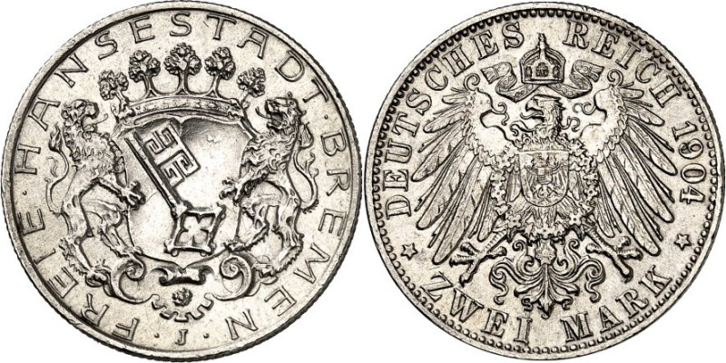 KAISERREICH. 
BREMEN, Freie Hansestadt. 
2 Mark 1904 Stadtwappen. J. 59. . 
...