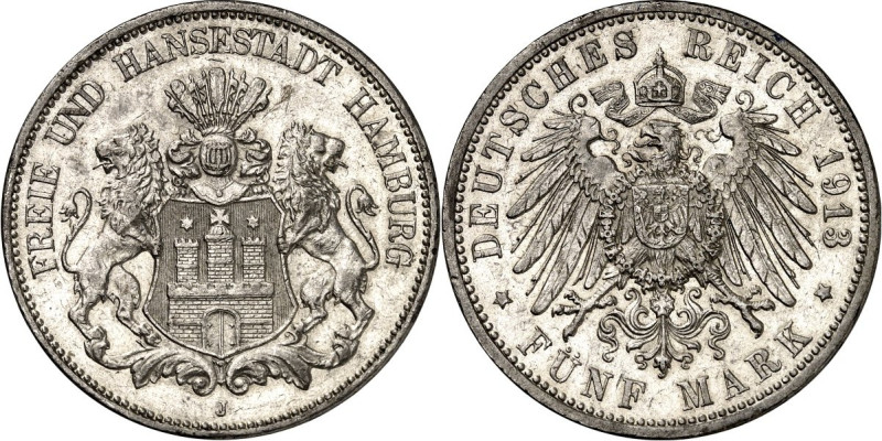 KAISERREICH. 
HAMBURG, Freie und Reichsstadt. 
5 Mark 1913 Stadtwappen. J. 65....