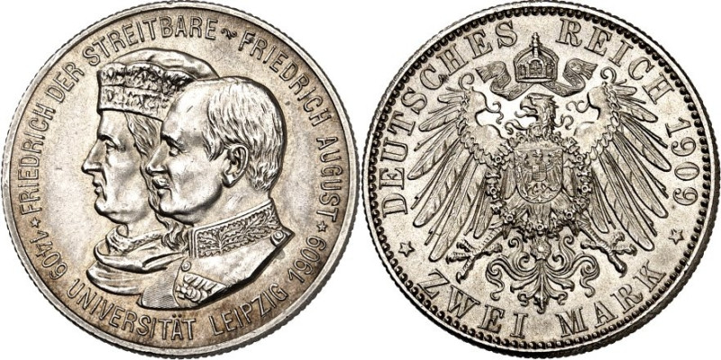 KAISERREICH. 
SACHSEN, Königreich. 
2 Mark 1909 Uni Leipzig. J. 138. . 

vz/...