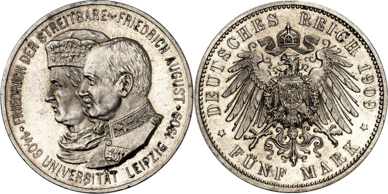 KAISERREICH. 
SACHSEN, Königreich. 
5 Mark 1909 Uni Leipzig. J. 139. . 

min...