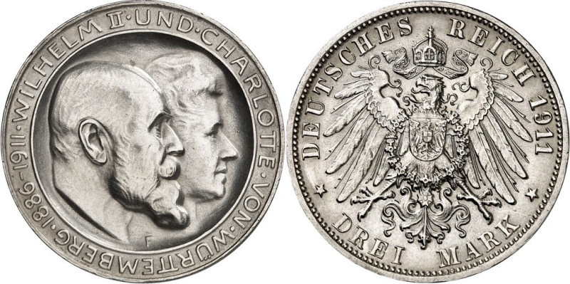 KAISERREICH. 
WÜRTTEMBERG, Königreich. 
3 Mark 1911 Silberhochzeit. J. 177a. ....