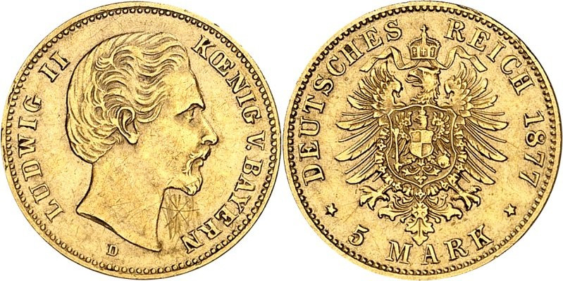 REICHSGOLD. 
BAYERN. 
5 Mark 1877 Ludwig II. J.&nbsp; 195. . 

GOLD ss+