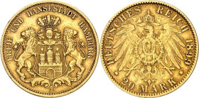 REICHSGOLD. HAMBURG. 20 Mark 1899J Stadtwappen. J.&nbsp; 212. .