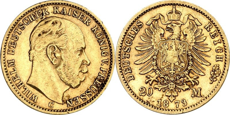 REICHSGOLD. 
PREUSSEN. 
20 Mark 1873C Wilhelm I. J. 243. . 

ss+