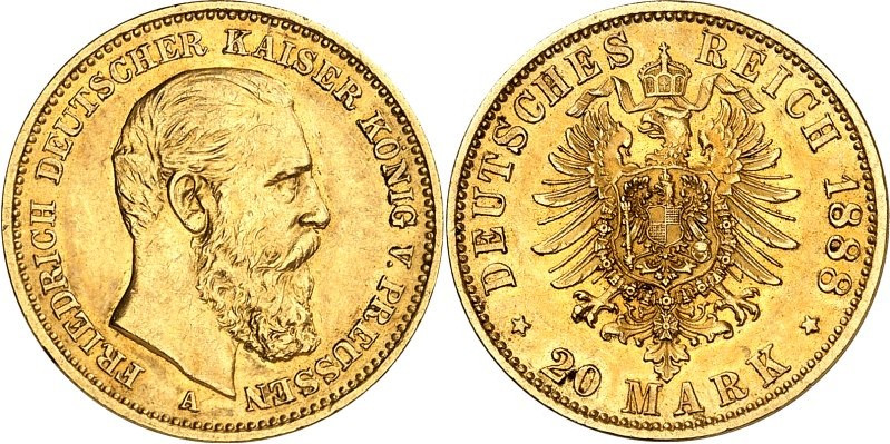 REICHSGOLD. 
PREUSSEN. 
20 Mark 1888 Friedrich III. J. 248. . 

GOLD ss/vz