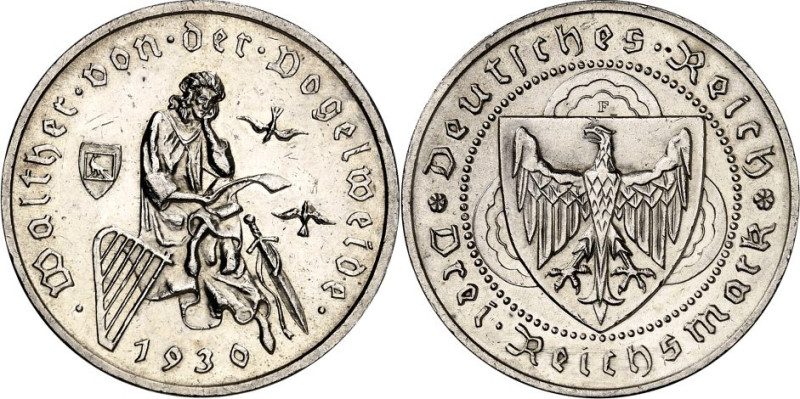 WEIMARER REPUBLIK. 
GEDENKMÜNZEN. 
3 Reichsmark 1930F Vogelweide. J. 344. . 
...