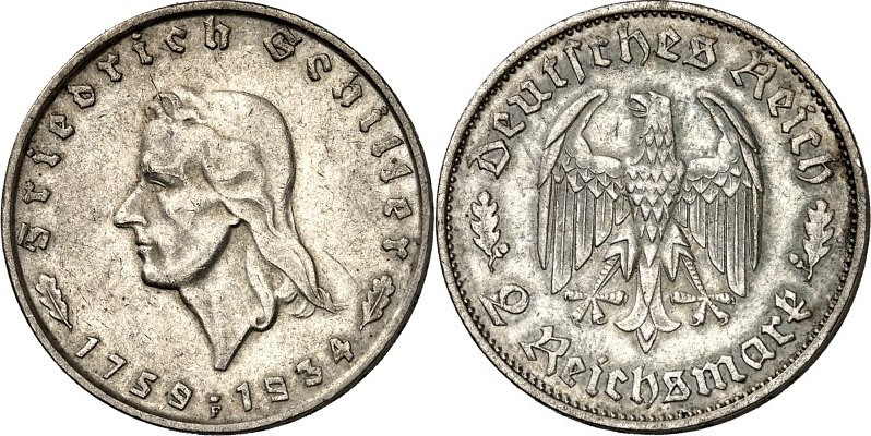 DRITTES REICH. 
GEDENKMÜNZEN. 2 Reichsmark 1934F Schiller. J. 358. (4). 

vz