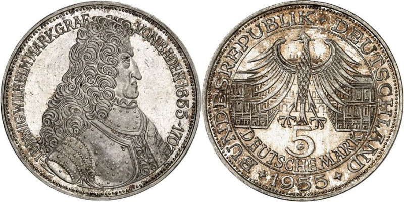 BUNDESREPUBLIK. 
GEDENKMÜNZEN in Ag 5 DM. 
5 DM 1955G Markgraf v. Baden. J. 39...