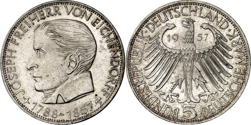 BUNDESREPUBLIK. 
GEDENKMÜNZEN in Ag 5 DM. 
5 DM 1957J Eichendorff. J. 391. . ...