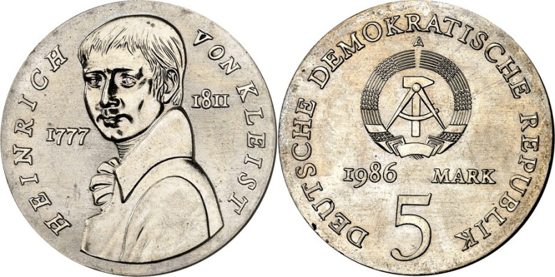 DDR. 
GEDENKMÜNZEN. 
5 Mark 1986 v. Kleist, Cu-Ni. J. 1611. . 

St