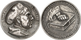 DEUTSCHE GESCHICHTE 1806-1918. PREUSSEN Kgr.. Wilhelm II. 1888-1918. Medaille 1917 (v.H.Kaufmann) a.d. 400 J.Reformationsjub. Brustb. Luthers n.r./ Fa...