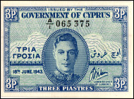 ZYPERN. 3 Piastra 18.06.1944. Pick&nbsp; 28a. .