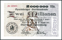 BRANDENBURG /- BERLIN. Spremberg,Stadtbank. 1 Mio. M. 16.8.1923 ohne u. mit Stpl. Ke.VI, 4838 l,m. (2 Stück).