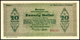 BREMEN. Bremen, Finanzdeputation. 1, 5, 10, 20 Dollar. M.&nbsp; 0535.12a, 13, 15. (4 Scheine).