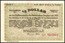 BREMEN. Bremen, Finanzdeputation. 1/100, 1/50, 1/10, 1/5, 1/2, 1, 5, 10 Dollar 22.10.1923. M.&nbsp; 0535.1, 3b, 5, 6b, 7, 9, 10, 11. (8 Scheine).