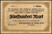 RHEINLAND. Aachen, Hüttengesellschaft Rothe Erde. 500 Mark 14.9.1922 entwertet. v.E.&nbsp; 14.b. .