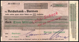 RHEINLAND. Barmen, Barmer Creditbank. 1 Mio.Mark 2.8.1923 Lohn-Scheck auf Reichsbank. v.E. 34.3a,. .
