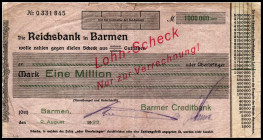 RHEINLAND. Barmen, Barmer Creditbank. 1 Mio.Mark 2.8.1923 Lohn-Scheck auf Reichsbank. v.E. 34.3b. .