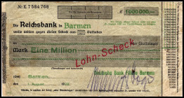 RHEINLAND. Barmen, Deutsche Bank. 1 Mio.Mark 1.8.1923 .Lohn-Scheck auf Reichsbank.Wz.Reichsbank. v.E. 46.5. .