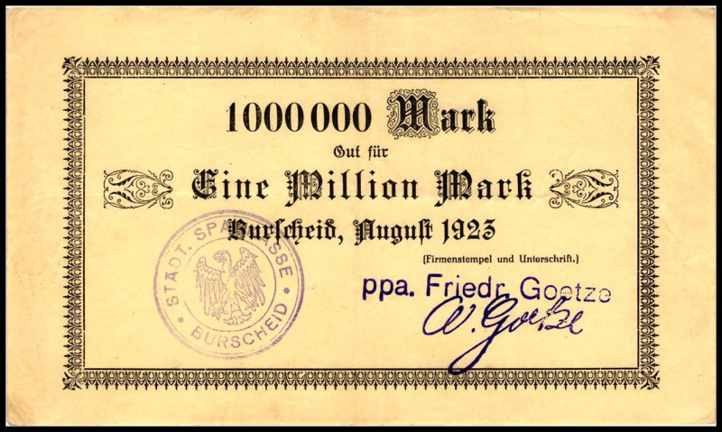 RHEINLAND. 
Burscheid, Städtische Sparkasse.. 100 T, 500 T, 1Mio Mark, August 1...