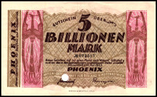 RHEINLAND. Düsseldorf, Bergbau- u. Hütte Phönix-AG. 5 Bio. Mark 10.11.1923 mit Lochentwertung, Wz C-Kreuz-Muster. v.E.&nbsp; 357.37a. .